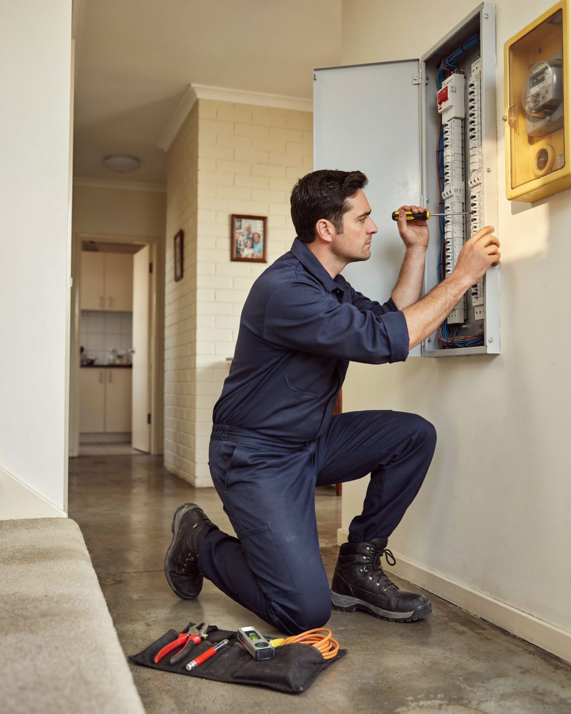 Licensed electrician working on a switchboard in a Logan home