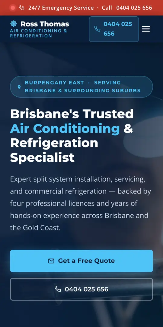 Ross Thomas Air Conditioning website on a phone